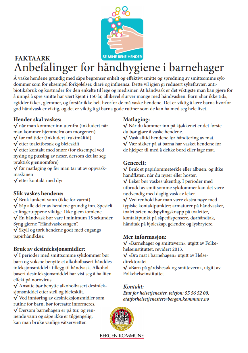 Utskriftsvennlig faktaark fra Bergen kommune, "Anbefalinger for håndhygiene i barnehager"