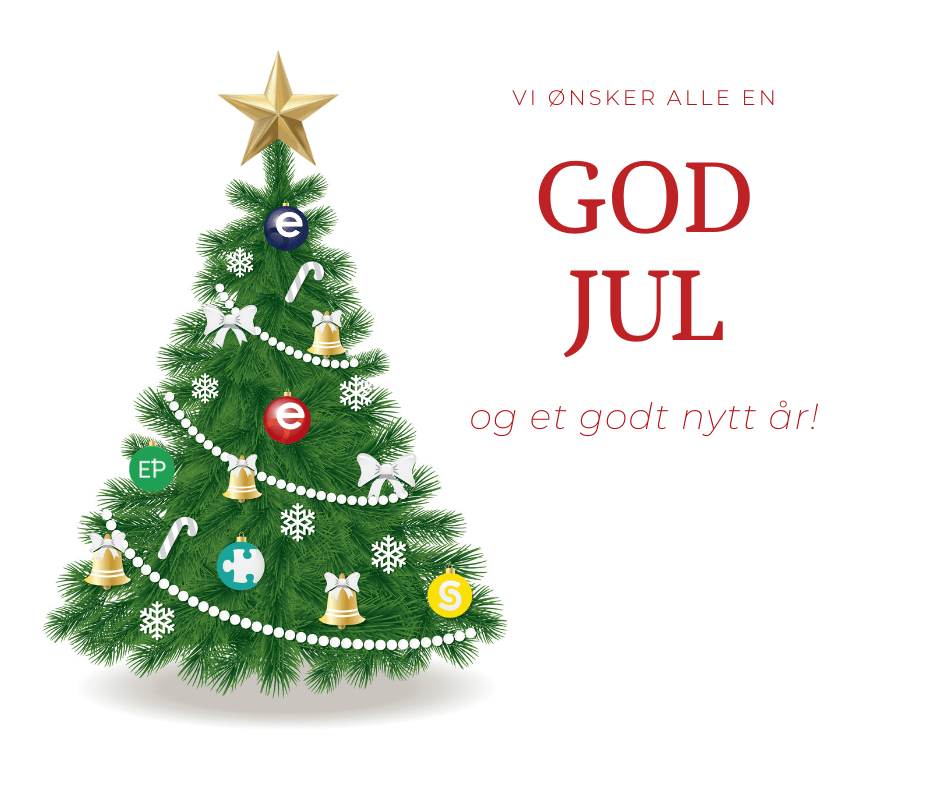 Et juletre pyntet med julekuler av logo til PVS, Eterni Norge, Snaptemp, Elektro personell - alle en del av Eterni gruppen, med skriften "Vi ønsker alle en GOD JUL og et godt nytt år" til høyre i bildet